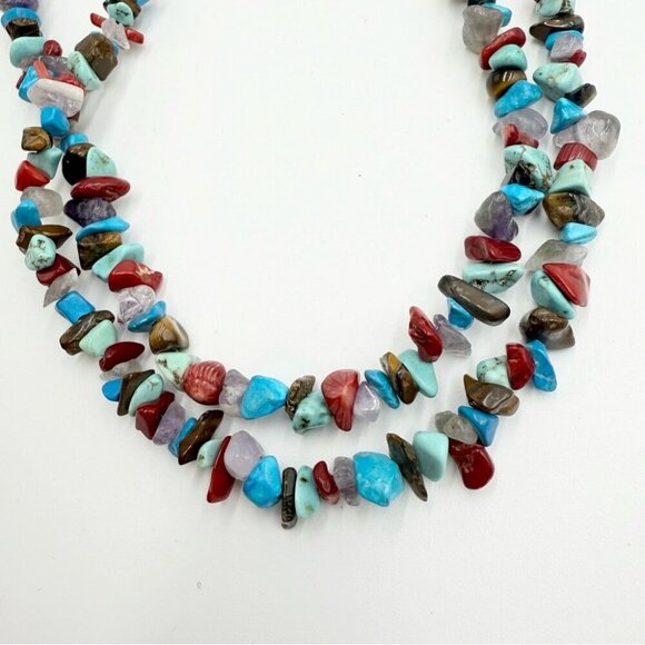 Vtg Southwestern Silver 925 Turquoise Nugget Gemstone Multi Strands Necklace - Picture 4 of 13